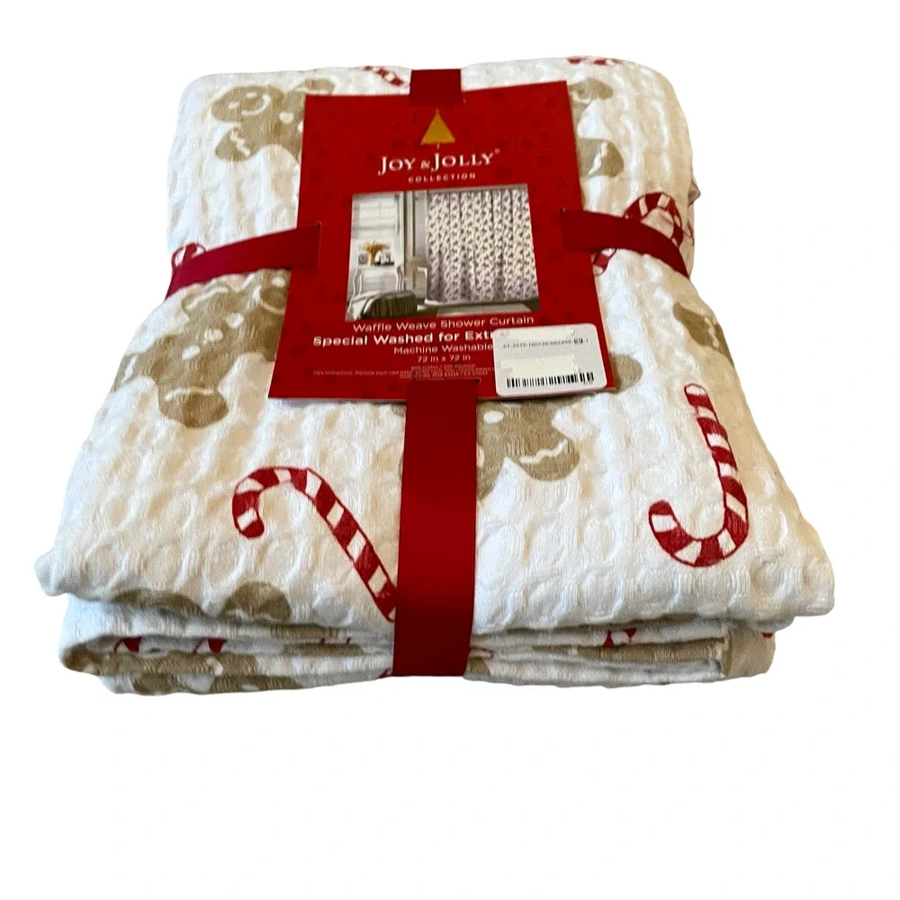 Joy & Jolly GINGERBREAD Shower Curtain 72x72 Christmas Candy Cane Waffle Weave